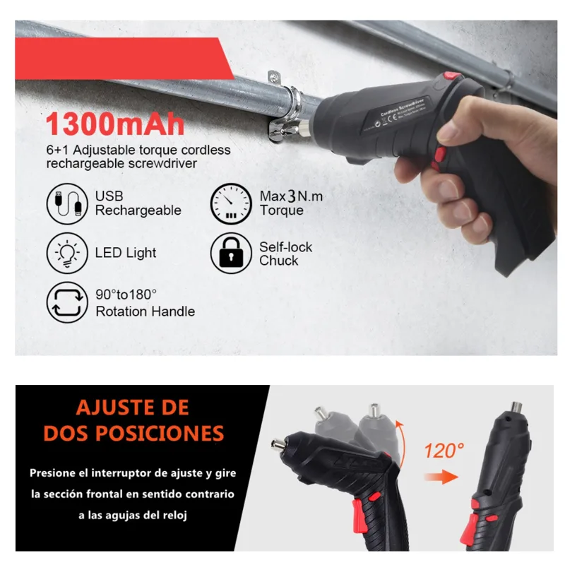 Destornillador eléctrico recargable kit 47 piezas con estuche